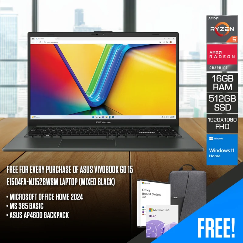 Asus Vivobook Go 15 E1504FA-NJ1528WSM Laptop (Mixed Black) | 15.6" FHD (1920x1080) | R5-7520U | 16GB RAM | 512GB SSD | AMD Radeon Graphics | Windows 11 Home | MS Office Home 2024 + MS 365 Basic + Asus AP4600 Backpack