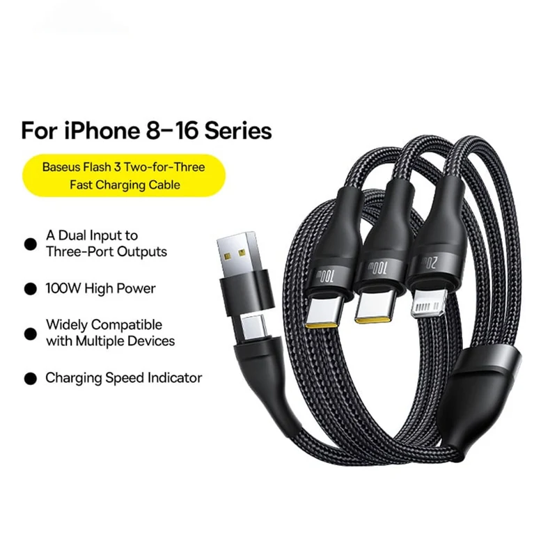 Baseus Flash Series III One-For-Three Fast Charging Cable U+C to C+C+L 100W 1.5m (Cluster Black) (P10377501111-00)