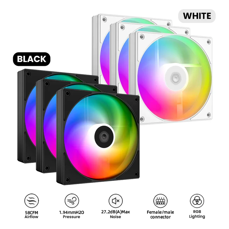 ID-Cooling ARGB Trio FX 120mm 4Pin PWM/3Pin 5V ARGB Silent Daisy Chain CPU Fan (Black, White), (AS-120-K, AS-120-W)