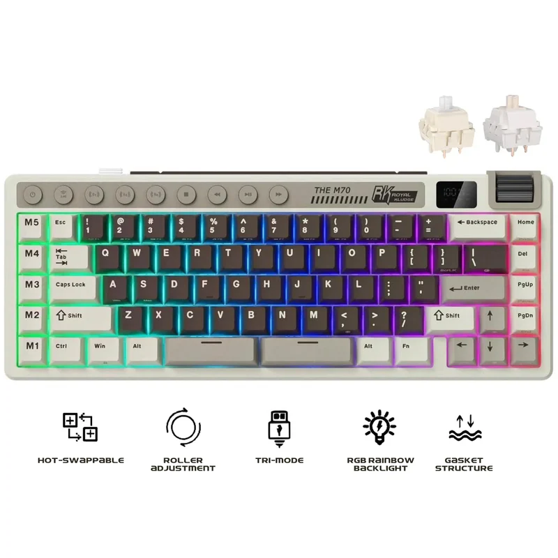 Royal Kludge RK M70 Tri-Mode RGB 73 Keys Hot-Swappable Mechanical Keyboard Mocha Grey (Cream Switch, Beige Switch)