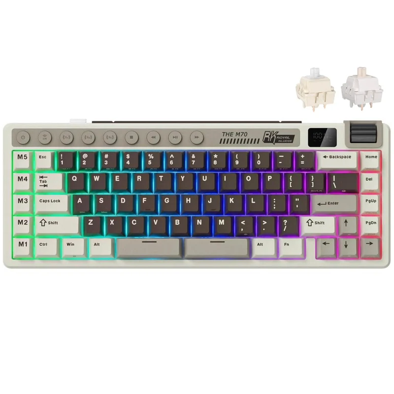 Royal Kludge RK M70 Tri-Mode RGB 73 Keys Hot-Swappable Mechanical Keyboard Mocha Grey (Cream Switch, Beige Switch)