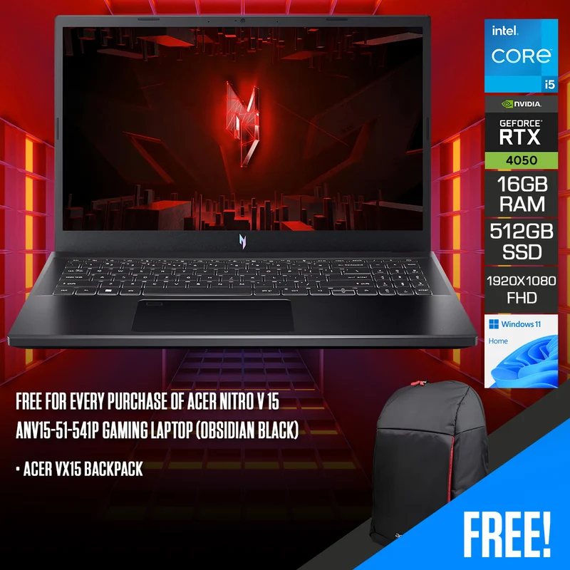 Acer Nitro V 15 ANV15-51-541P Gaming Laptop (Obsidian Black) | 15.6" FHD (1920x1080) 165Hz IPS | i5-13420H | 16GB RAM | 512GB SSD | RTX 4050 | Windows 11 Home | Acer VX15 Backpack