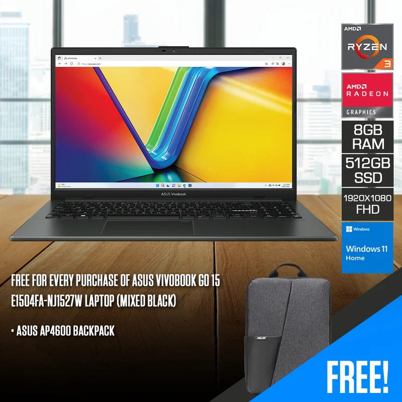 Asus Vivobook Go 15 E1504FA-NJ1527W Laptop (Mixed Black) | 15.6" FHD (1920x1080) | Ryzen 3 7320U | 8GB RAM | 512GB SSD | AMD Radeon Graphics | Windows 11 Home + Asus AP4600 Backpack