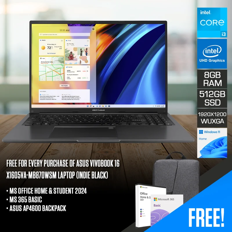 Asus Vivobook 16 X1605VA-MB870WSM Laptop (Indie Black) | 16" WUXGA (1920x1200) | i3-1315U | 8GB RAM | 512GB SSD | Intel UHD Graphics | Windows 11 Home | MS Office Home 2024 + MS 365 Basic + Asus AP4600 Backpack