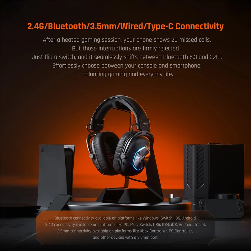 Bigbig Won Halo Pro Tri-Mode Gaming Headset for PS5 / PS4 / XboxOne / Xbox Series / Switch / PC / Android / iOS (Black)