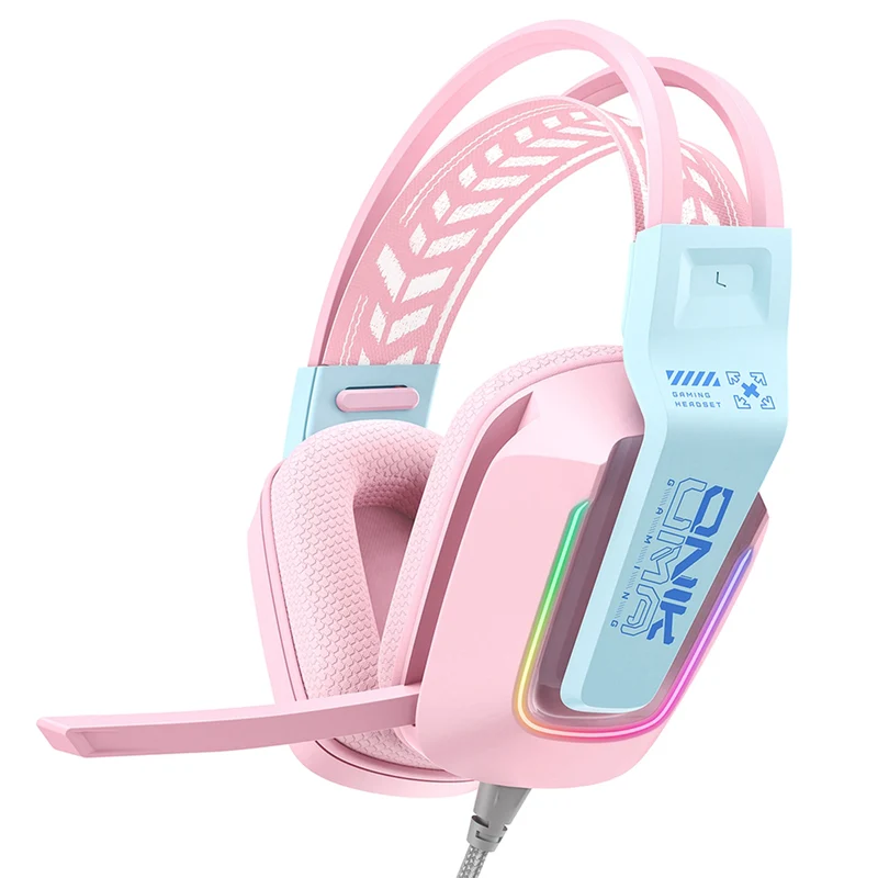 Onikuma X13 RGB Colorful Lighting Wired Gaming Headset with Noise Cancelling Microphone (Pink)