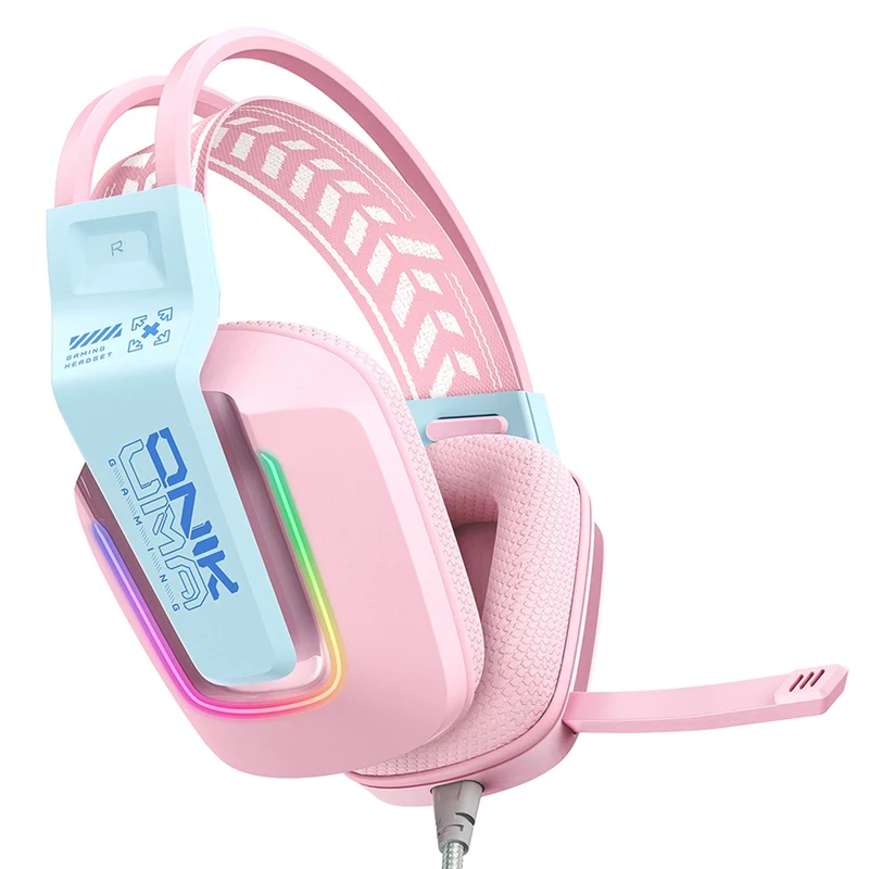 Onikuma X13 RGB Colorful Lighting Wired Gaming Headset with Noise Cancelling Microphone (Pink)
