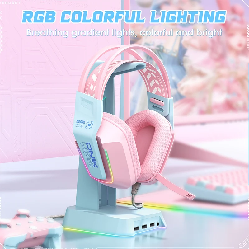 Onikuma X13 RGB Colorful Lighting Wired Gaming Headset with Noise Cancelling Microphone (Pink)