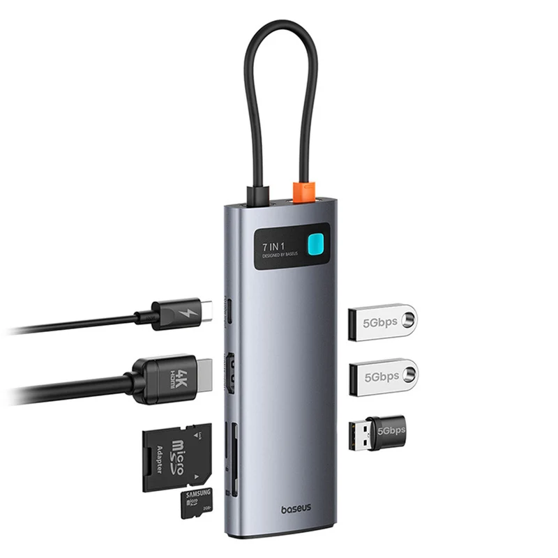 Baseus Metal Gleam Series 7-Port Hub USB-C to HDMI 4K@60Hz + 3xUSB 3.0 + PD + SD/TF (Space Grey) (B00030708811-00)