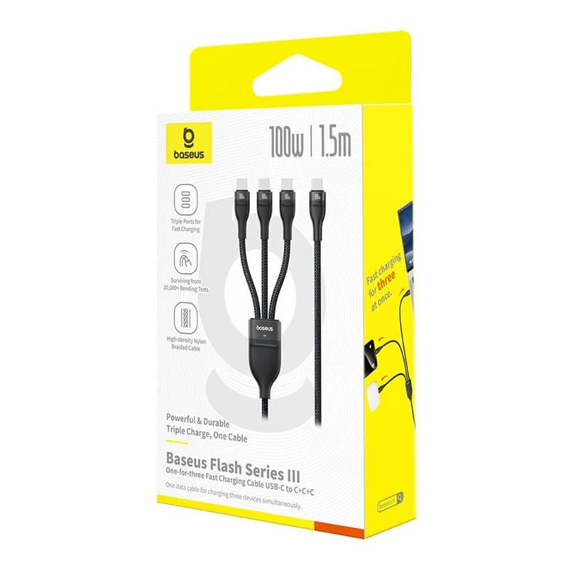 Baseus Flash Series III One-For-Three Fast Charging Cable USB-C to C+C+C 100W 1.5m (Cluster Black) (P10377503111-00)
