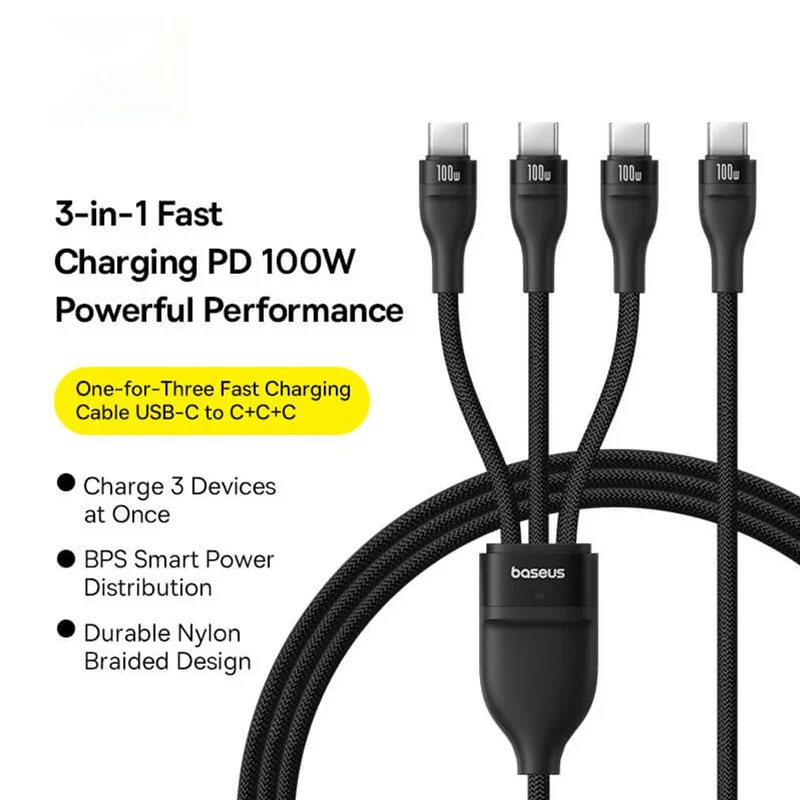 Baseus Flash Series III One-For-Three Fast Charging Cable USB-C to C+C+C 100W 1.5m (Cluster Black) (P10377503111-00)