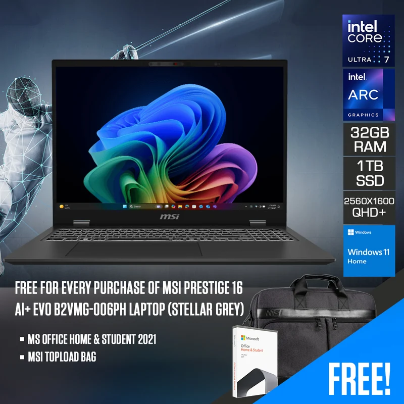 MSI Prestige 16 AI+ Evo B2VMG-006PH Laptop (Stellar Grey) | 16" QHD+ (2560x1600) IPS | Ultra 7 258V | 32GB RAM | 1TB SSD | Intel Arc Graphics | Windows 11 Home | MS Office Home & Student 2021 + MSI Topload Bag