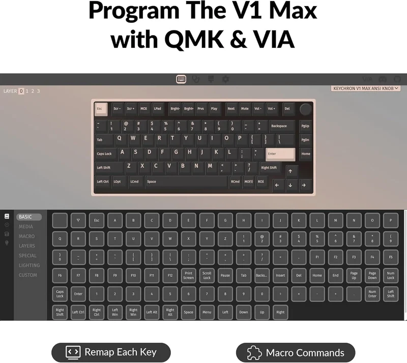 Keychron V1 Max QMK/VIA Fully-Assembled with Knob Hot-Swappable RGB Backlight 75% Wireless Custom Mechanical Keyboard - Carbon Black (Gateron Jupiter Banana Switch, Gateron Jupiter Brown Switch) (V1M-D4, V1M-D3)
