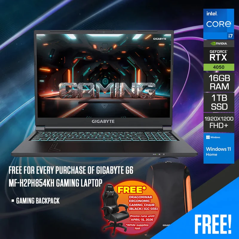 Gigabyte G6 MF-H2PH854KH Gaming Laptop | 16" FHD+ (1920X1200) 165Hz | i7-13620H | 16GB RAM | 1TB SSD | RTX 4050 | Windows 11 Home + Gaming Backpack