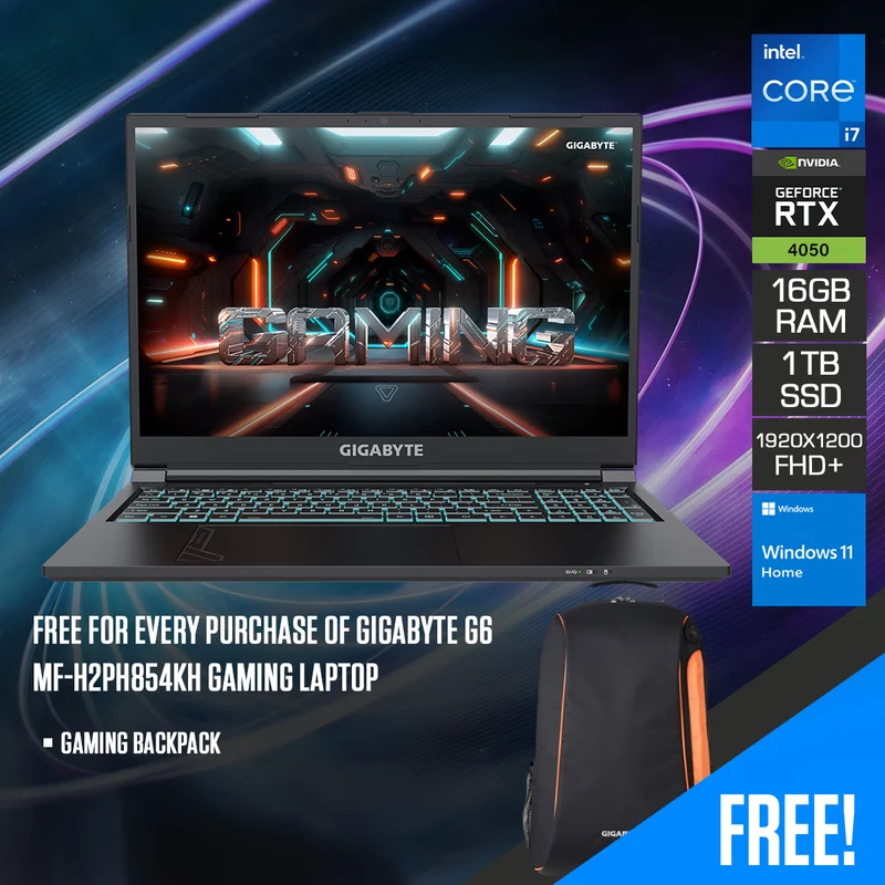 Gigabyte G6 MF-H2PH854KH Gaming Laptop | 16" FHD+ (1920X1200) 165Hz | i7-13620H | 16GB RAM | 1TB SSD | RTX 4050 | Windows 11 Home + Gaming Backpack