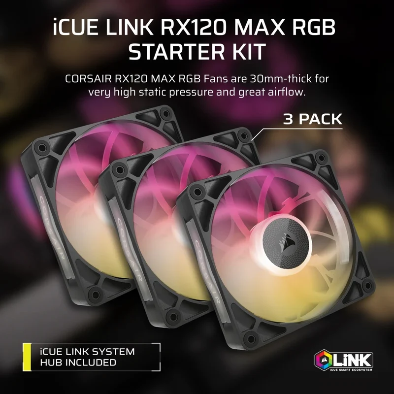 Corsair iCUE Link RX120 MAX RGB 120mm PWM Thick Fans Starter Kit - Triple Pack (Black) (CO-9051034-WW)