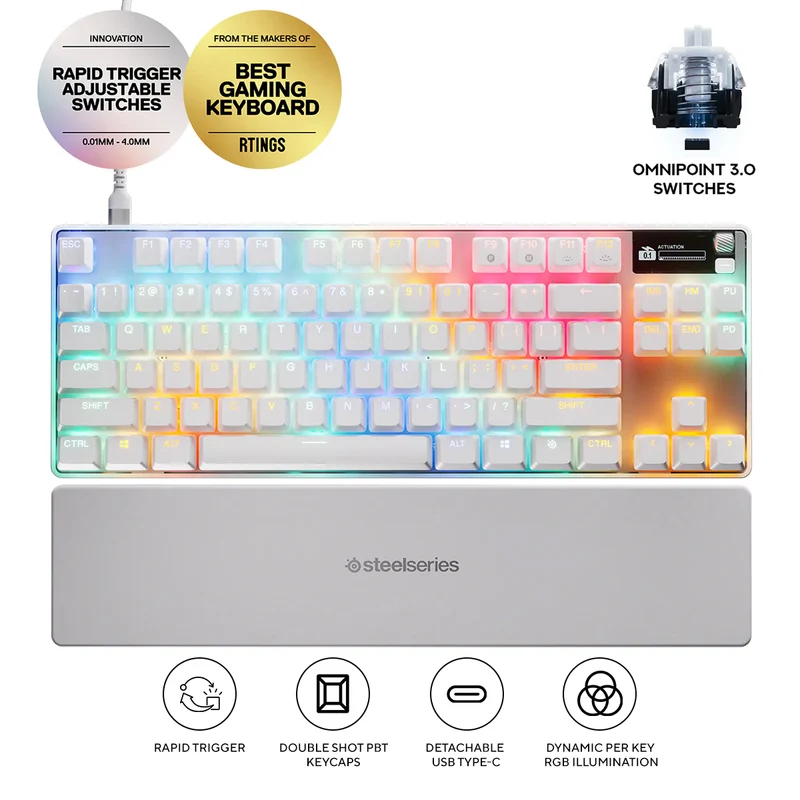 SteelSeries Apex Pro TKL Gen 3 Adjustable Switch Wired Mechanical Gaming Keyboard (Omnipoint 3.0 Switches) (White) (64898)