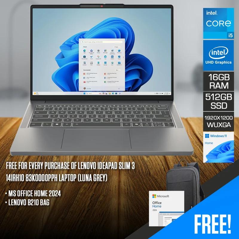 Lenovo IdeaPad Slim 3 14IRH10 83K0000PPH Laptop (Luna Grey) | 14" WUXGA (1920x1200) IPS | i5-13420H | 16GB RAM | 512GB SSD | Intel UHD | Win 11 Home | MS Office Home '24 + Lenovo B210 Bag