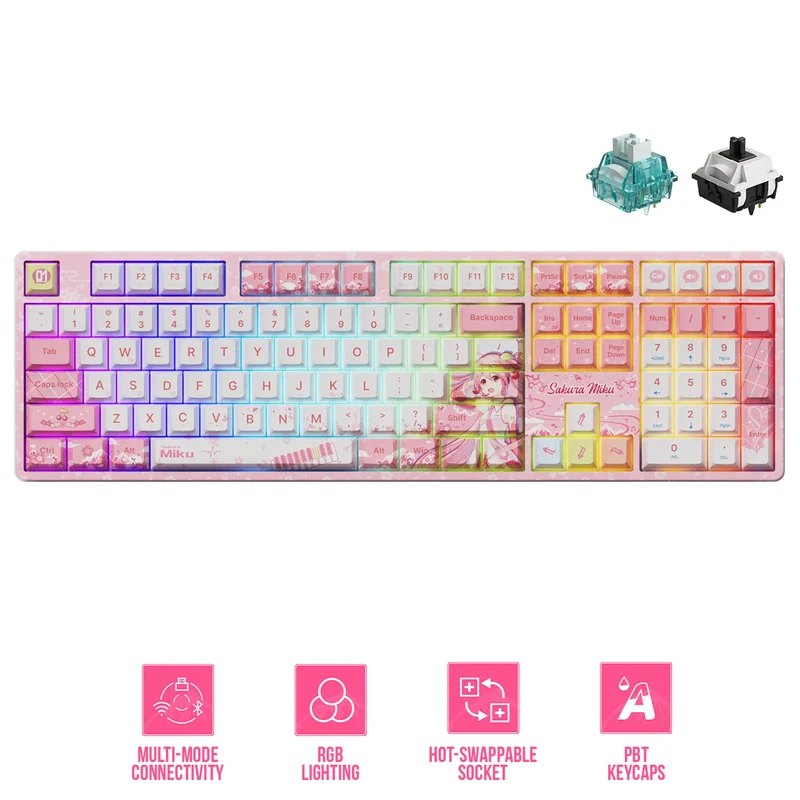 Akko Sakura Miku 5108B Plus Multi-Mode RGB Hot-Swappable Mechanical Keyboard (Akko Creamy Cyan Switch, Akko V3 Piano Pro Switch)