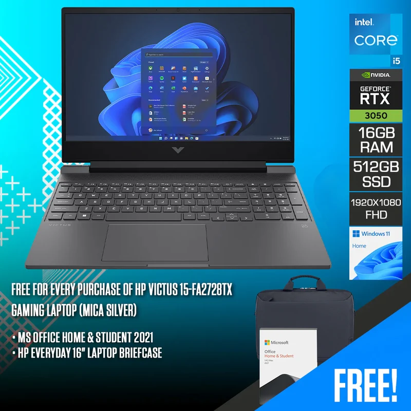 HP Victus 15-FA2728TX Gaming Laptop (Mica Silver) | 15.6" FHD (1920x1080) IPS 144Hz | i5-13420H | 16GB RAM | 512GB SSD | RTX 3050 | Windows 11 Home | MS Office Home & Student 2021 +HP Everyday 16" Laptop Briefcase