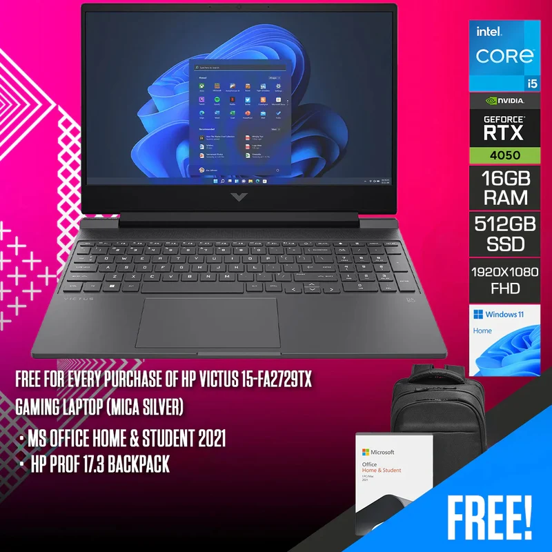HP Victus 15-FA2729TX Gaming Laptop (Mica Silver) | 15.6" FHD (1920x1080) IPS 144Hz | i5-13420H | 16GB RAM | 512GB SSD | RTX 4050 | Windows 11 Home | MS Office Home & Student 2021 + HP Prof 17.3 Backpack