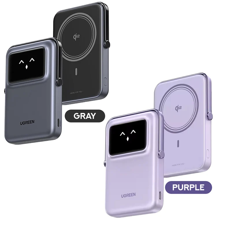 Ugreen Uno 10000mAH Mini Magnetic Wireless 20W Power Bank with Built-In Stand (Gray, Purple)