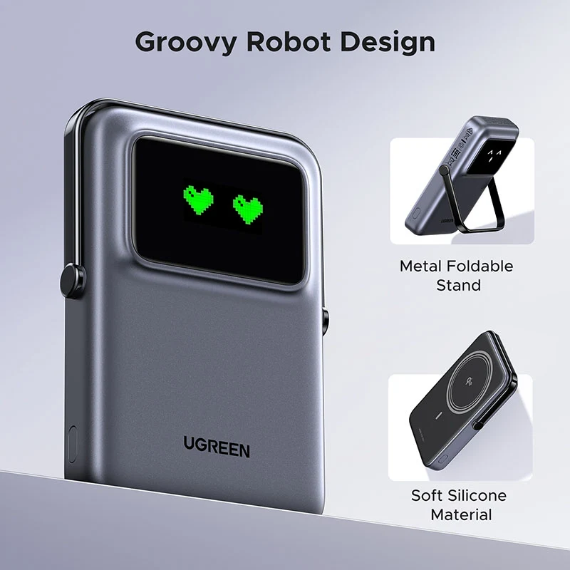 Ugreen Uno 10000mAH Mini Magnetic Wireless 20W Power Bank with Built-In Stand (Gray, Purple)