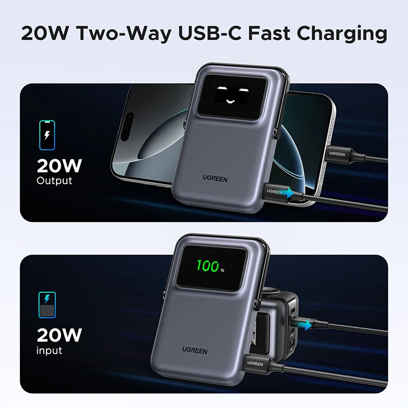 Ugreen Uno 10000mAH Mini Magnetic Wireless 20W Power Bank with Built-In Stand (Gray, Purple)