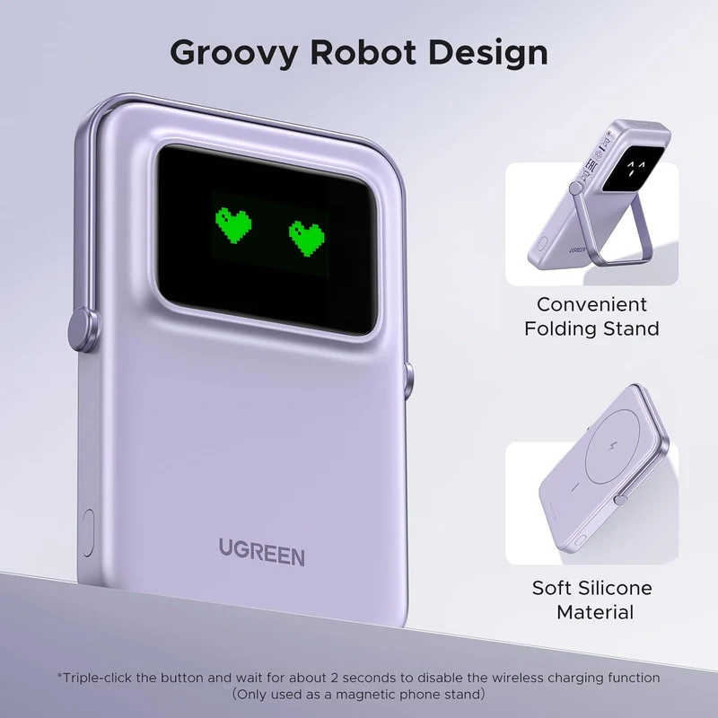 Ugreen Uno 10000mAH Mini Magnetic Wireless 20W Power Bank with Built-In Stand (Gray, Purple)