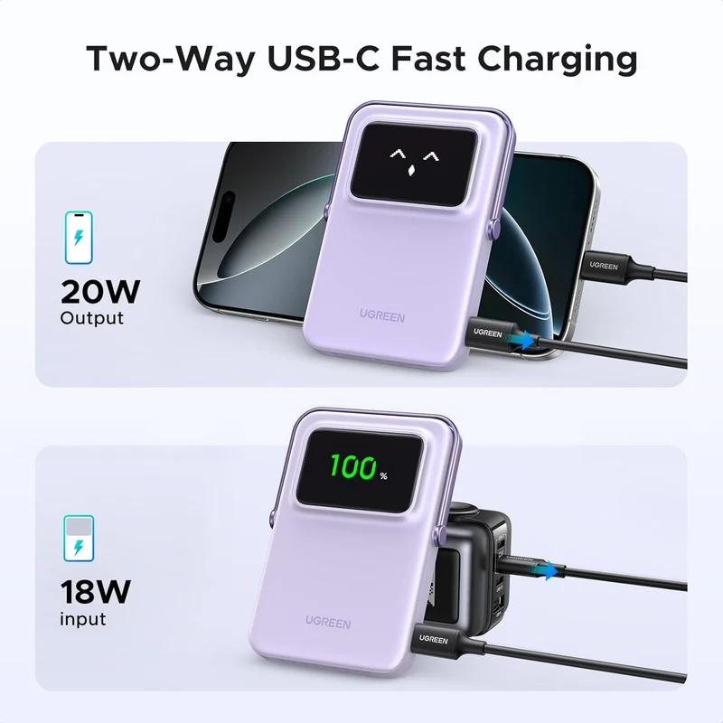 Ugreen Uno 10000mAH Mini Magnetic Wireless 20W Power Bank with Built-In Stand (Gray, Purple)