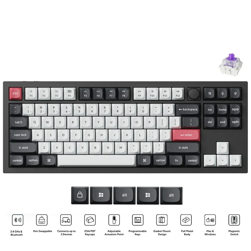Keychron Q3 HE QMK TKL Fully Assembled Knob RGB Backlight Hot-Swappable Wireless Magnetic Switch Keyboard - Carbon Black (Gateron Double-Rail Magnetic Nebula Switch) (Q3H-M1)