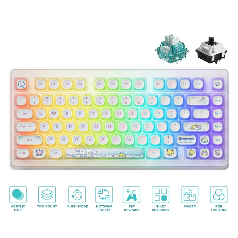 Akko Cinnamoroll ACR TOP 75B Acrylic Case Multi-Mode RGB Hot-Swappable Mechanical Keyboard (Pudding PBT Keycaps) (Akko Creamy Cyan Switch, Akko V3 Piano Pro Switch)
