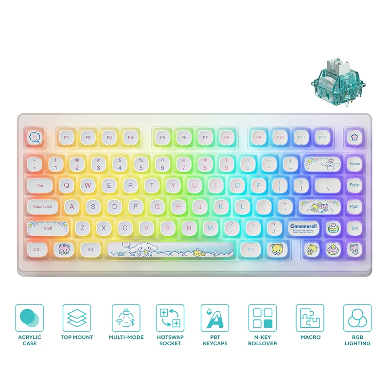Akko Cinnamoroll ACR TOP 75B Acrylic Case Multi-Mode RGB Hot-Swappable Mechanical Keyboard (Pudding PBT Keycaps) (Akko Creamy Cyan Switch, Akko V3 Piano Pro Switch)