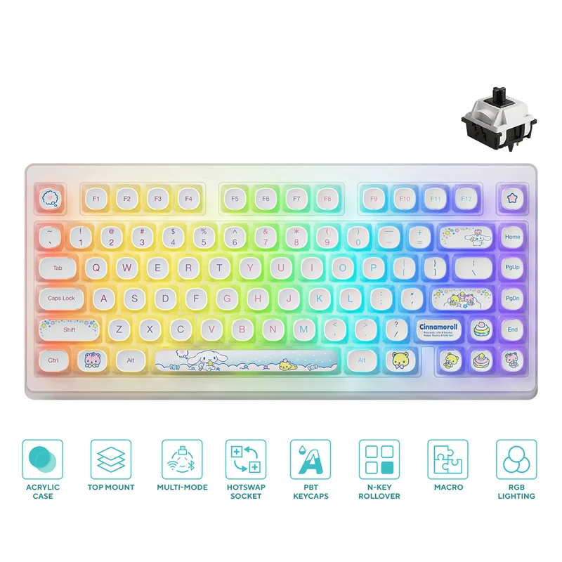 Akko Cinnamoroll ACR TOP 75B Acrylic Case Multi-Mode RGB Hot-Swappable Mechanical Keyboard (Pudding PBT Keycaps) (Akko Creamy Cyan Switch, Akko V3 Piano Pro Switch)