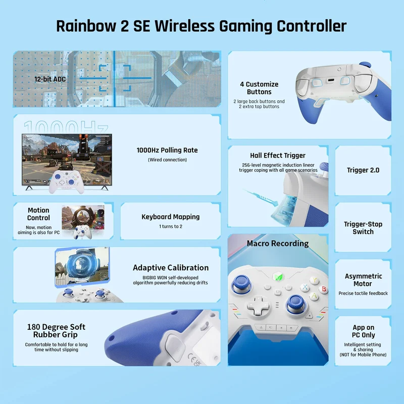 Bigbig Won Rainbow 2 SE Wireless Gaming Controller for Win 10&11 / Switch / Android / iOS (Blue, Pink, Green)