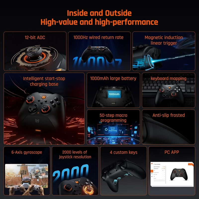 Bigbig Won GALE Hall Wireless Gaming Controller with Smart Charging Stand for Win 10&11 / Switch / Android / iOS (Black, Gray)