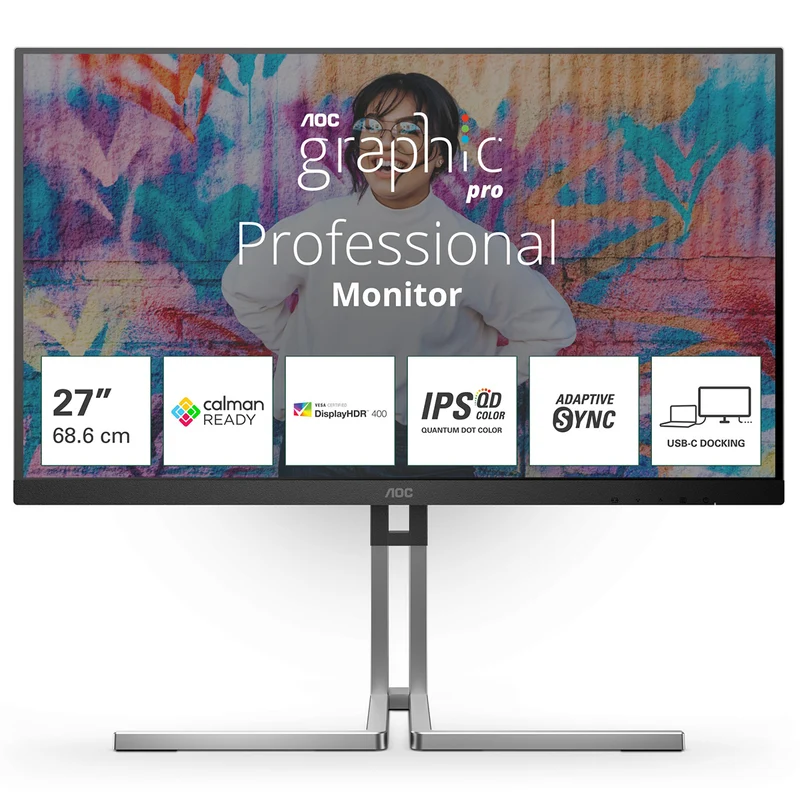 AOC Graphic Pro Q27U3CV/71 27" QHD (2560x1440) 75Hz 4ms GtG IPS QD 3-Sided Frameless Adaptive Sync Monitor (Black/Grey)