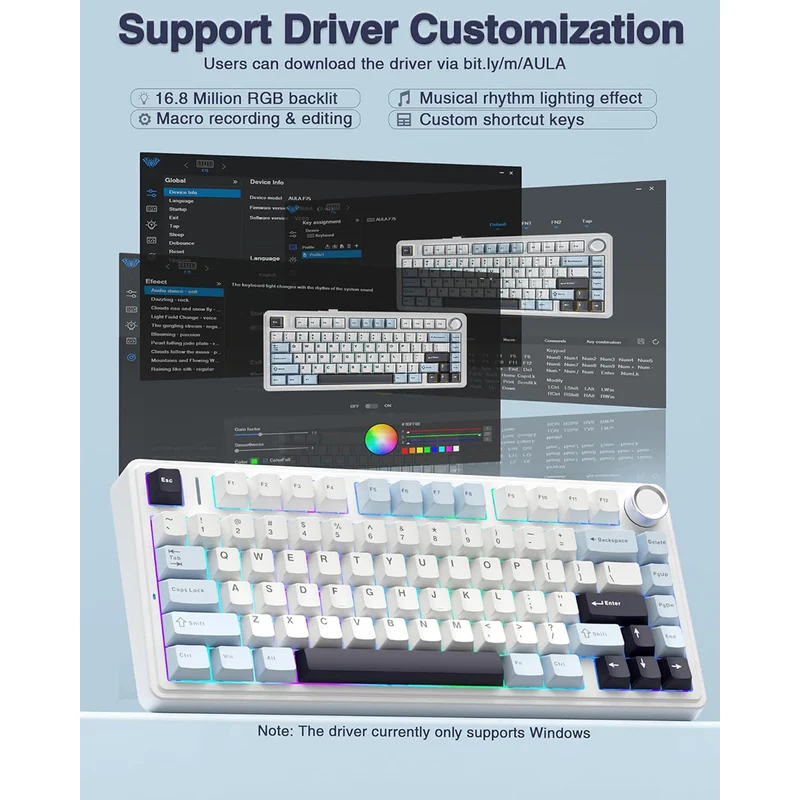 Aula F75 RGB Tri-Mode Type-C 75% 80-Key Gasket Structure Hot-Swap Mechanical Gaming Keyboard (Reaper Switch) (Light Blue/White/Black Purple)