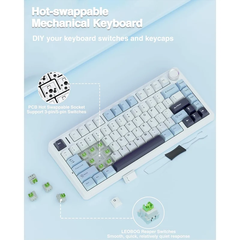 Aula F75 RGB Tri-Mode Type-C 75% 80-Key Gasket Structure Hot-Swap Mechanical Gaming Keyboard (Reaper Switch) (Light Blue/White/Black Purple)