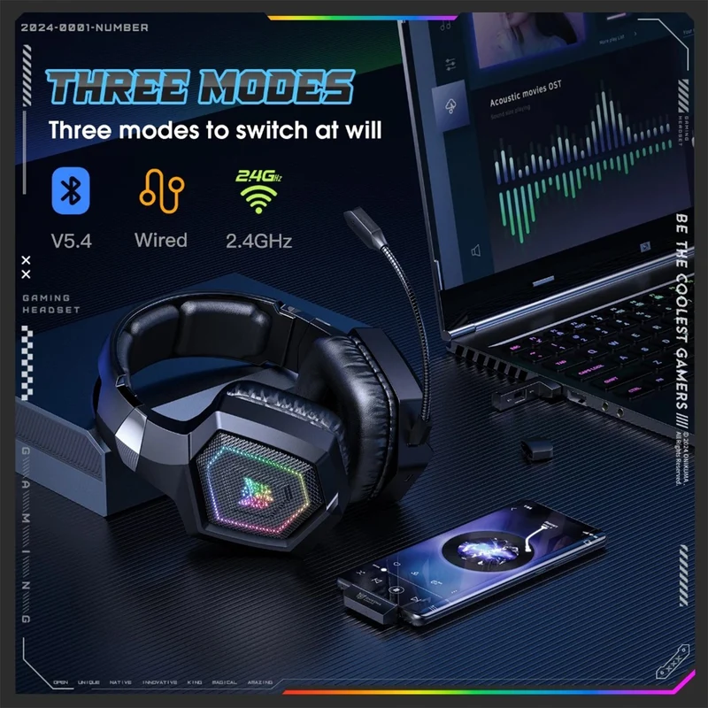 Onikuma GT806 RGB Tri-Mode Gaming Headset with Microphone (Black, White)