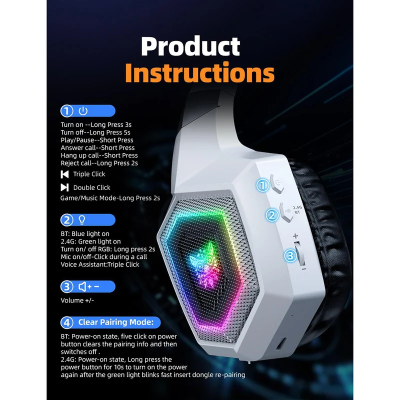 Onikuma GT806 RGB Tri-Mode Gaming Headset with Microphone (Black, White)
