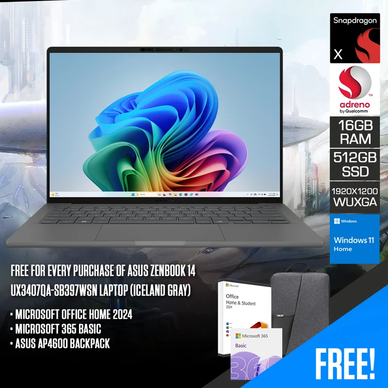 Asus Zenbook 14 UX3407QA-SB397WSM Laptop (Iceland Gray) | 14 WUXGA | Snapdragon X X1 26 100 | 16GB RAM | 512GB SSD | Qualcomm Adreno | Windows 11 home | Microsoft Office Home 2024 + Microsoft 365 Basic | Asus AP4600 Backpack