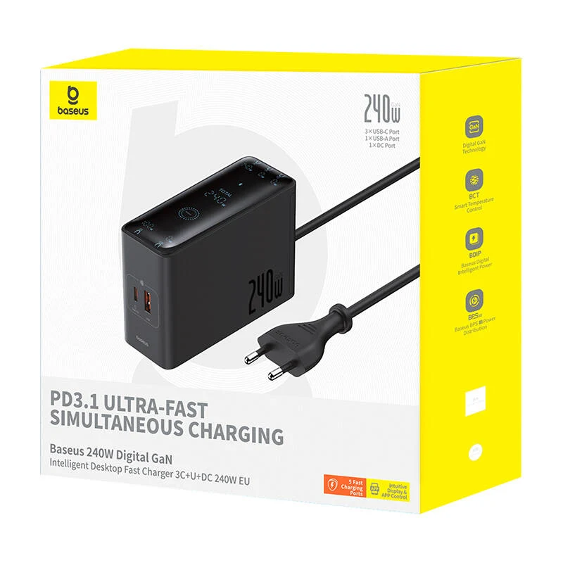 Baseus Digital GaN Intelligent Desktop Fast Charger 3C+U+DC 240W (Cluster Black) (P10163901113-00)