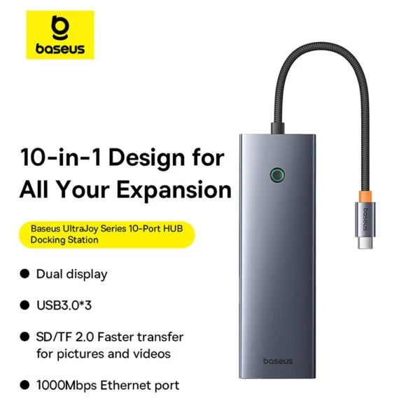 Baseus UltraJoy Series 10-Port Hub Docking Station USB-C to HDMI 4K@60Hz + VGA + 3xUSB 3.0 + PD + RJ45 + SD/TF + 3.5mm (Space Grey) (B0005280C811-00)