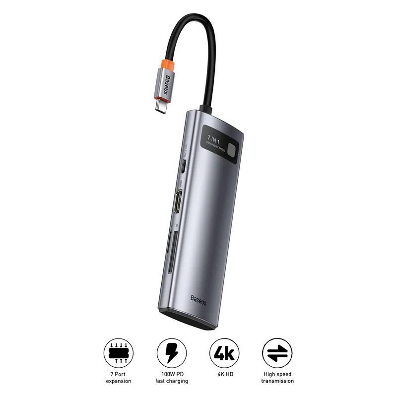 Baseus Metal Gleam Series 7-Port Hub Type-C To Type C + HDMI + 2xUSB 3.0 + PD + SD/TF (Grey) (WKWG020113)