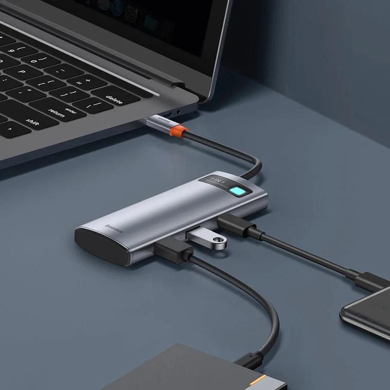 Baseus Metal Gleam Series 7-Port Hub Type-C To Type C + HDMI + 2xUSB 3.0 + PD + SD/TF (Grey) (WKWG020113)