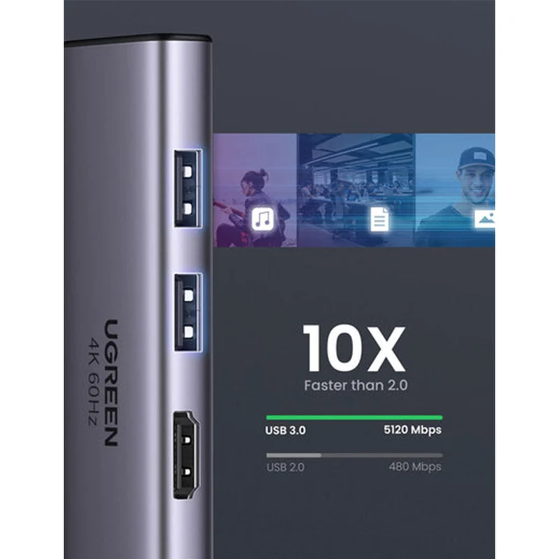 Ugreen USB-C to HDMI + 2xUSB 3.0 A + SD/TF + PD Converter (6-in-1) Multifunction Adapter (Gray) (CM511/60384)
