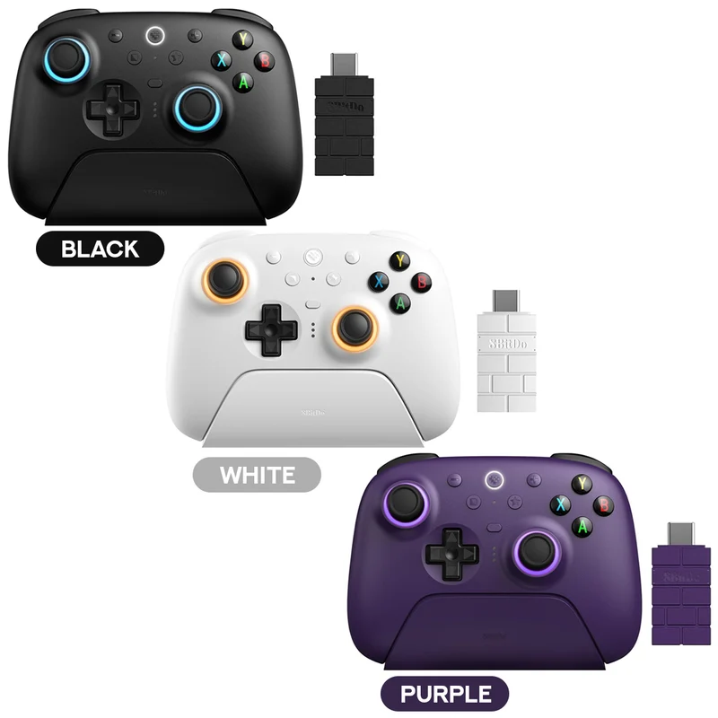 8BitDo Ultimate 2 Wireless Controller with TMR Joysticks, Switchable Hall Effect/Tactile Triggers, RGB Fire Ring, 8Speed Wireless Tech with Charging Dock for Windows/Android (81HE) (Black, White, Purple)