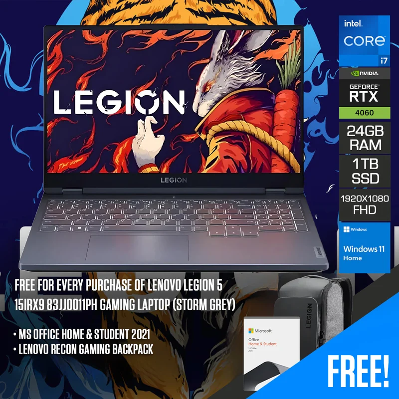Lenovo Legion 5 15IRX9 83JJ0011PH Gaming Laptop (Storm Grey) | 15.6" FHD (1920x1080) IPS 144Hz | i7-13650HX | 24GB RAM | 1TB SSD | RTX 4060 | Windows 11 Home | MS Office H&S 2021 + Lenovo Recon Gaming Backpack