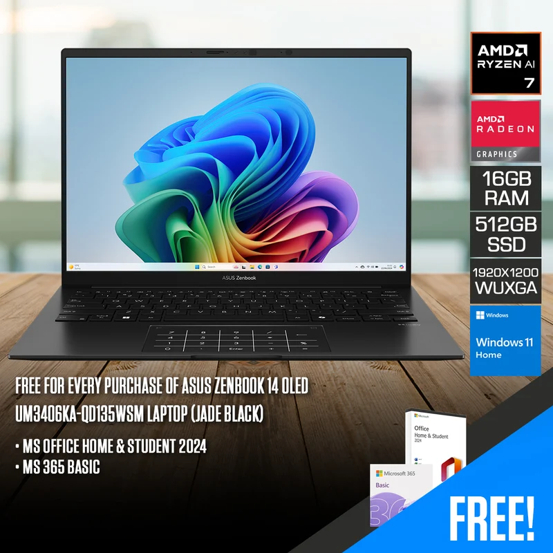 Asus Zenbook 14 OLED UM3406KA-QD135WSM Laptop (Jade Black) | 14" WUXGA (1920x1200) | Ryzen AI 7 350 | 16GB RAM | 512GB SSD | AMD Radeon Graphics | Windows 11 Home | MS Office Home 2024 + MS 365 Basic